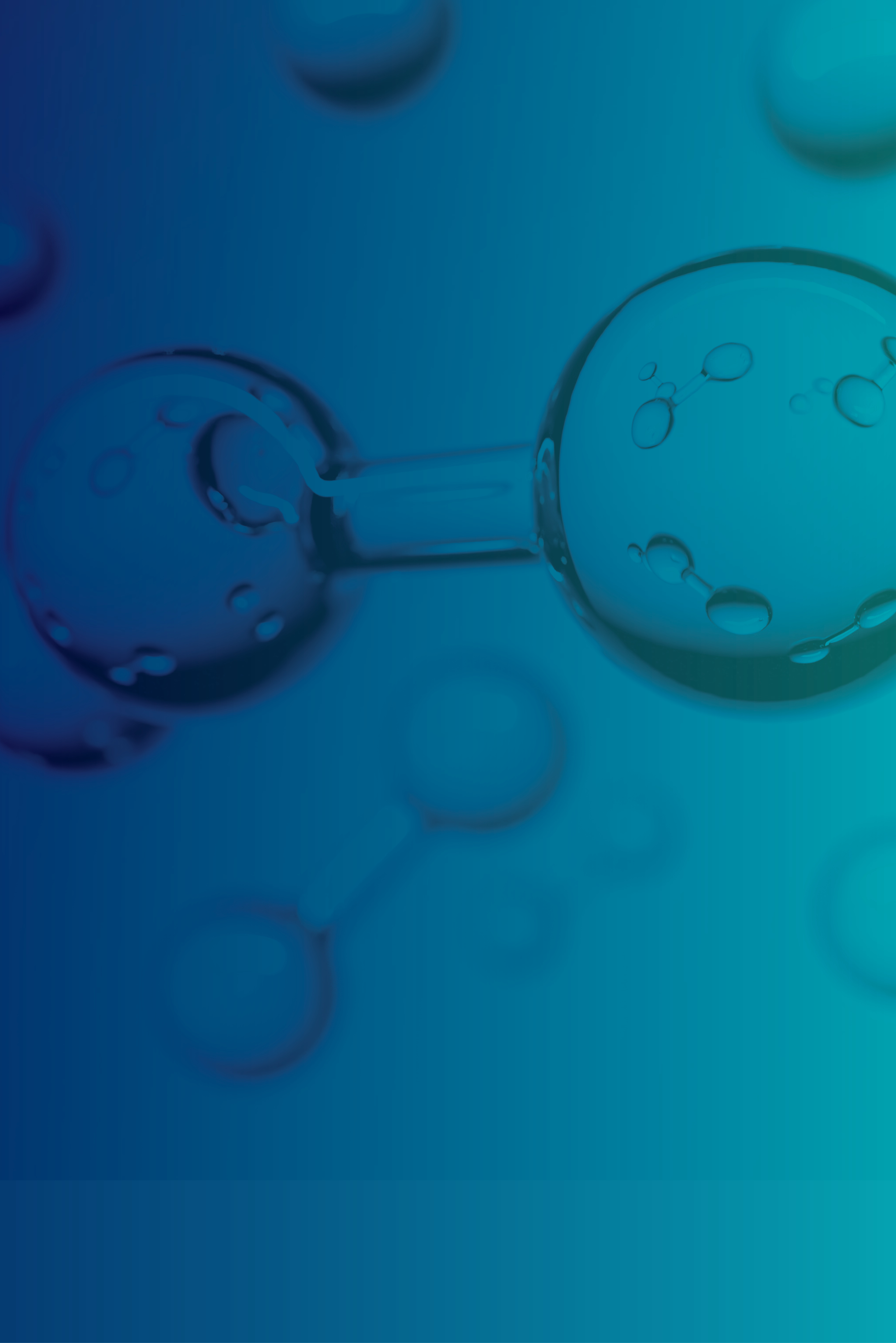 teal blue gradient overlay of an image of multiple sets of two glass balls connected by a glass tube floating in liquid